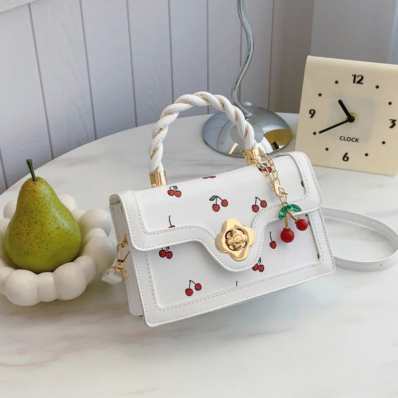 Luxury Cherry Print Crossbody Bag - High-Quality Square Shoulder Bag with Top Handle