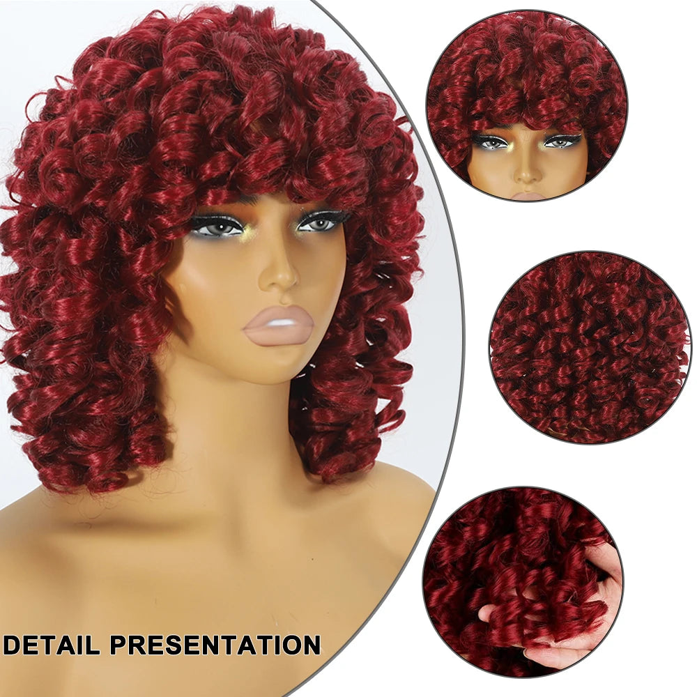 Beginner Friendly Glueless Red Curly Wig - Natural Look Short Afro Style with Bangs