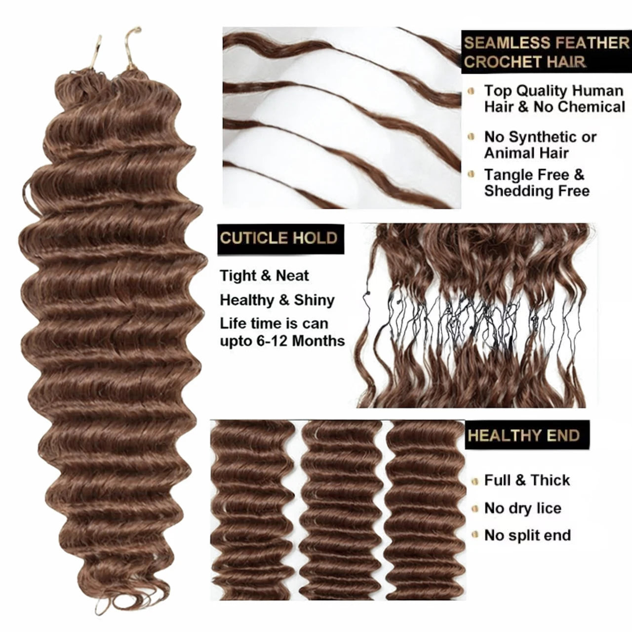 Burmese Water Wave Human Hair for Braiding - Brown Pre-Separated Deep Curly Hair for Invisible Boho Braids