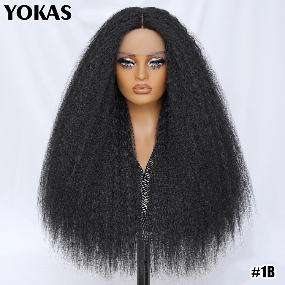 28-Inch Synthetic Kinky Straight T-Part Lace Wig | Heat Resistant Fiber