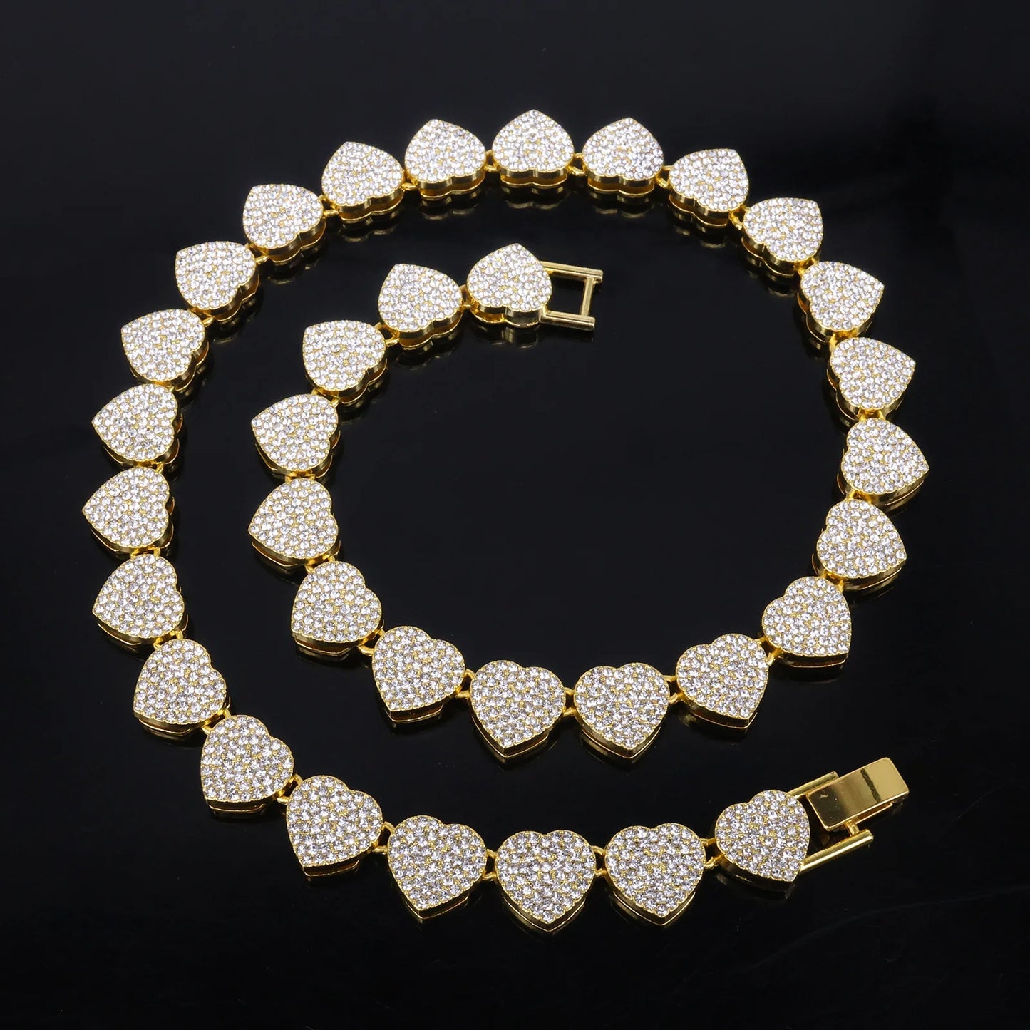 Iced-Out CZ Tennis Chain & Bracelet Set – Hip Hop Heart Pendant Jewelry