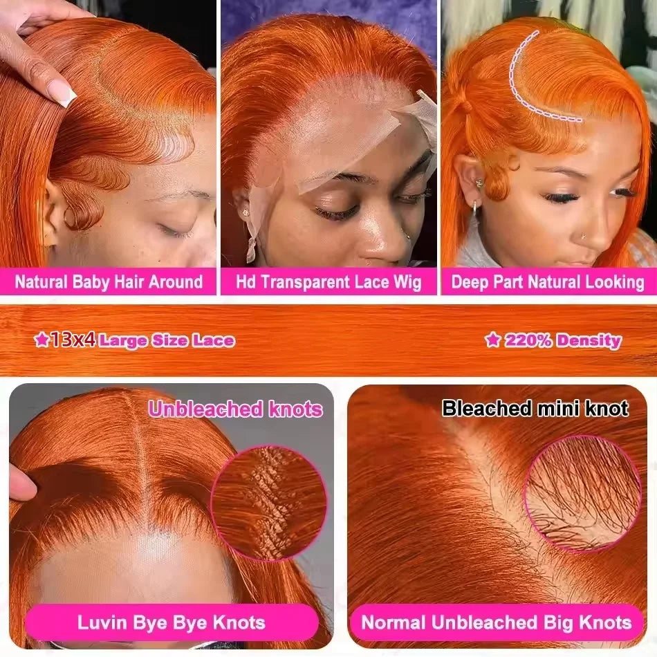 🔥 350 Ginger Orange Straight HD Lace Front Wig – 13x4 Pre-Plucked Brazilian Human Hair Wig, 250% Density