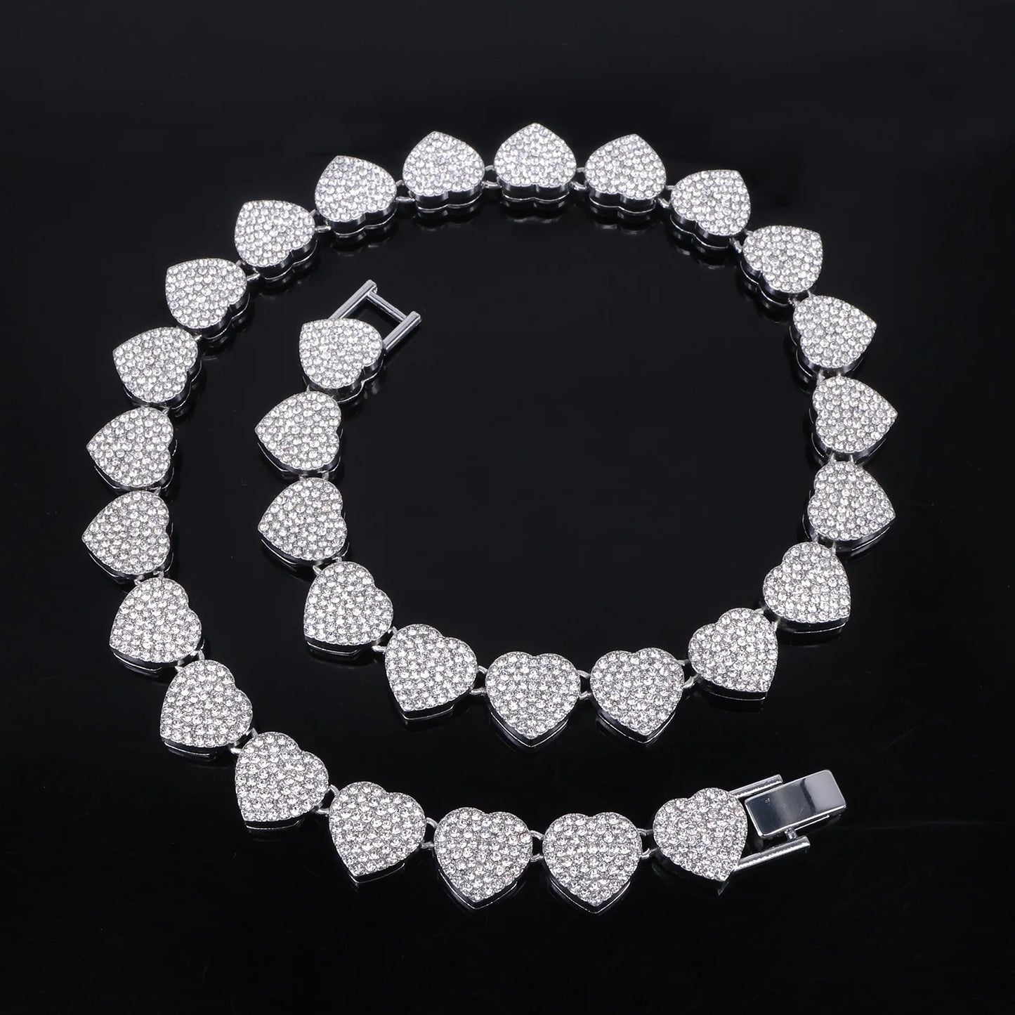 Iced-Out CZ Tennis Chain & Bracelet Set – Hip Hop Heart Pendant Jewelry