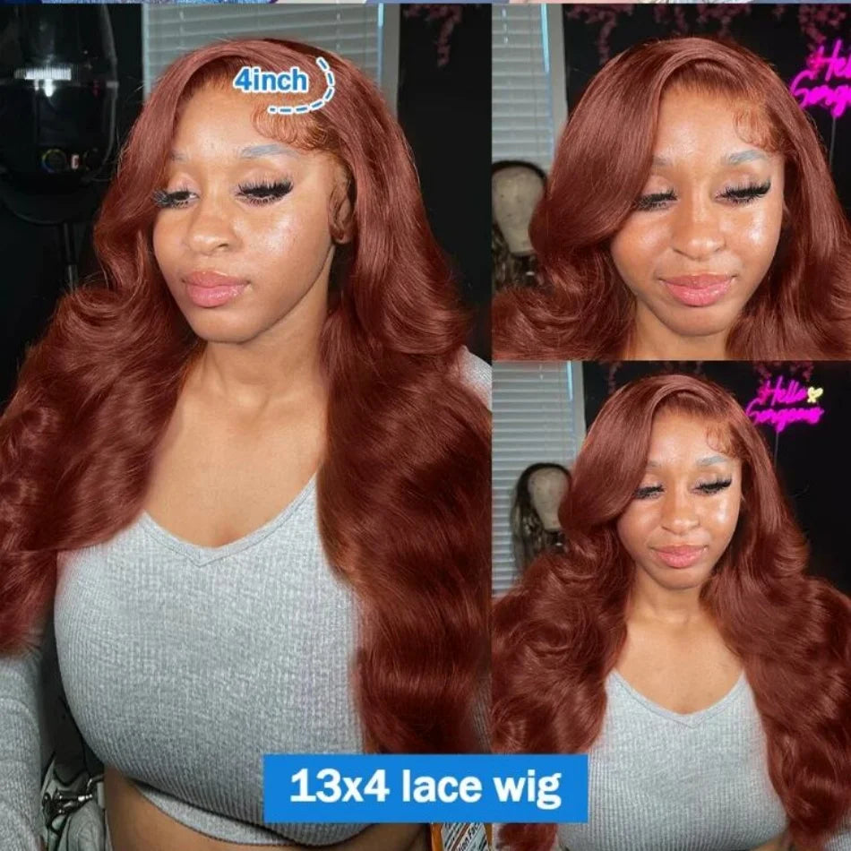 Reddish Brown Body Wave Human Hair Lace Front Wig – Glueless, Pre-Plucked, 180% Density (13x6 / 13x4 HD Lace)