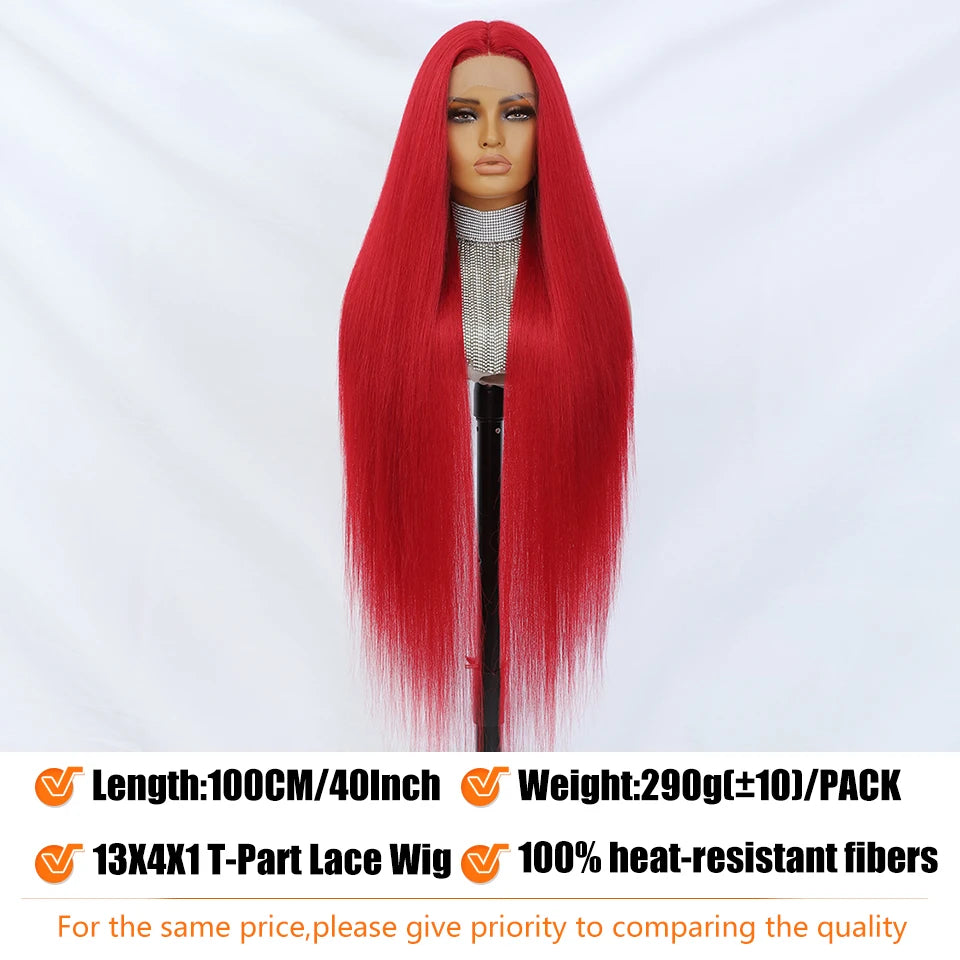 Ultra-Long 40" Straight Lace Front Wig with T-Part – Heat Safe Synthetic Hair for a Natural Look