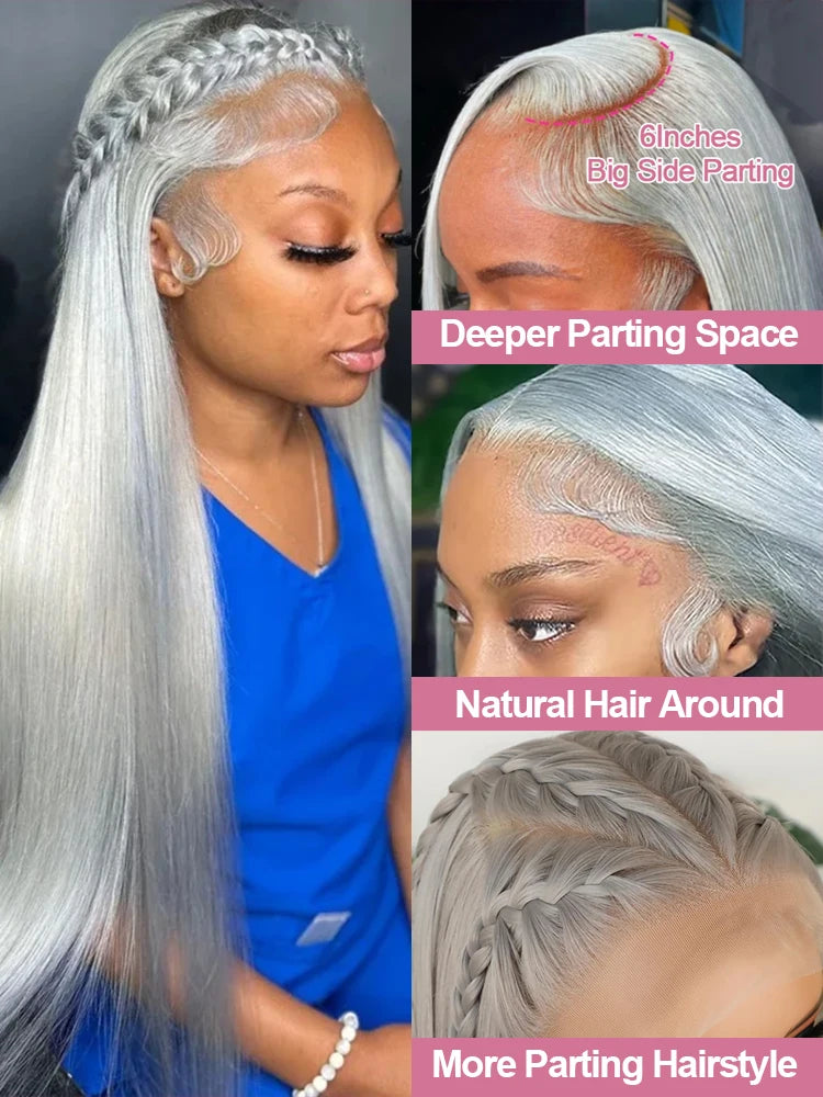 13x6 HD Lace Frontal Wig - 38-Inch Straight Silver Grey (220% Density) – 100% Vietnamese Human Hair