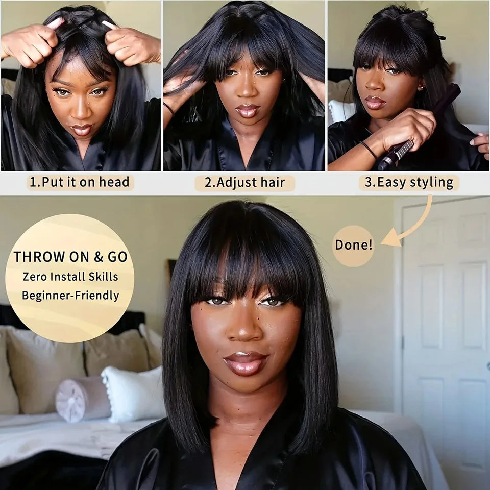 Brazilian Straight Human Hair Bob Wig with Bangs - Realistic Scalp Lace Frontal Fringe Wig