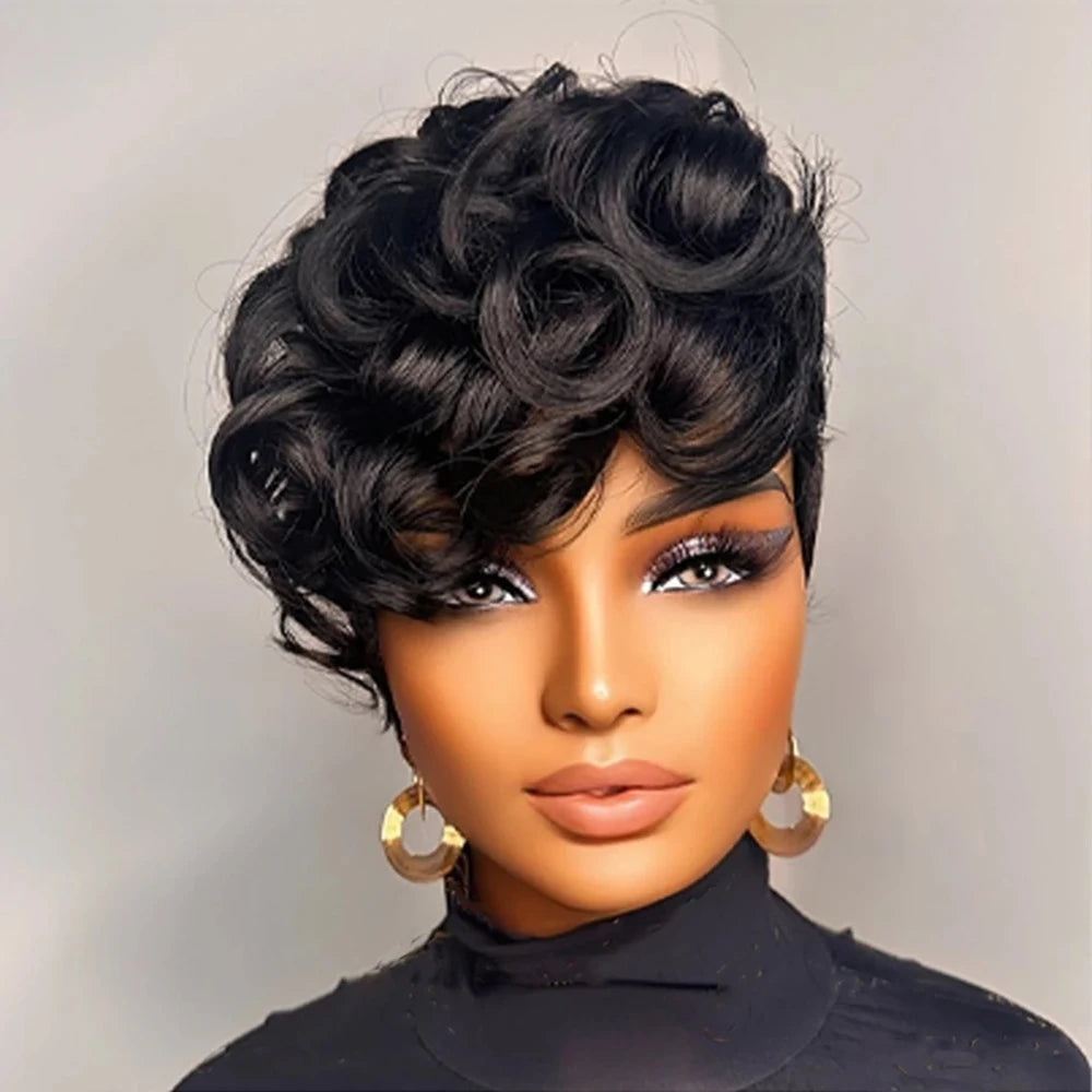 ✨ Pixie Cut Human Hair Wig – 6” Layered Short Loose Curly Wig with Bangs, Brazilian Remy hair