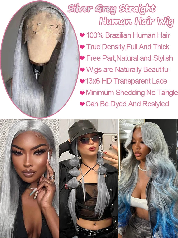 13x6 HD Lace Frontal Wig - 38-Inch Straight Silver Grey (220% Density) – 100% Vietnamese Human Hair