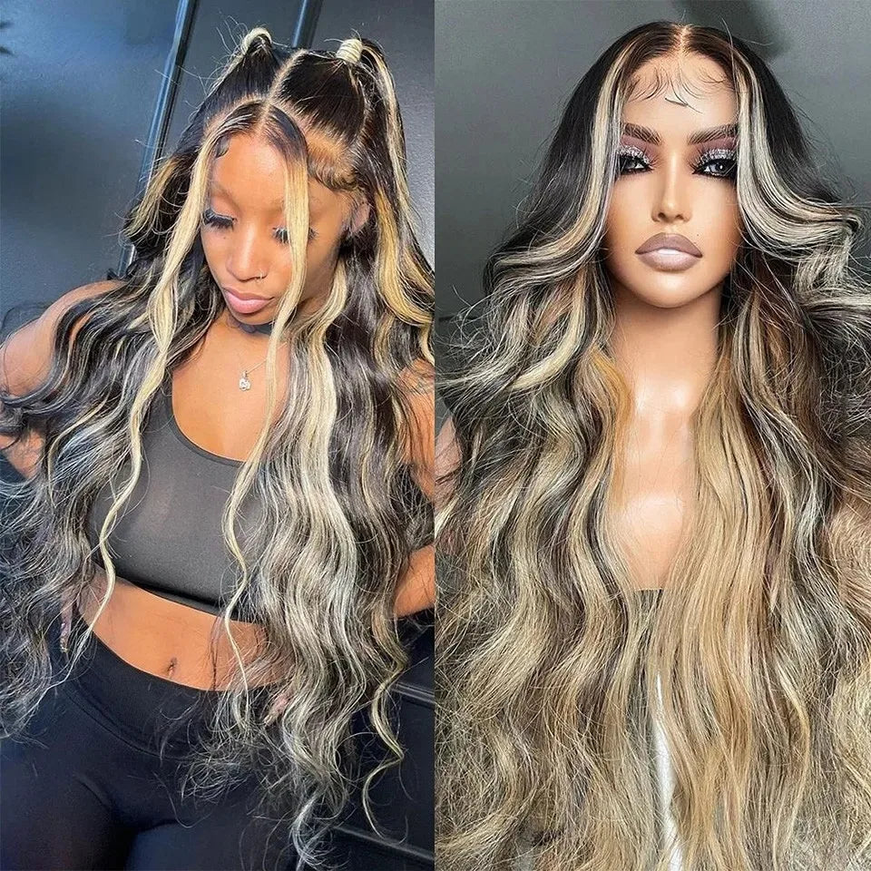 HD Transparent 13x4 Lace Frontal Wig – Ombre Blonde Body Wave (Blue Highlight)