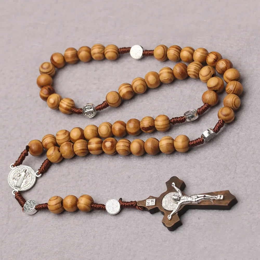 Traditional Wood Beaded Rosary Necklace with INRI Crucifix