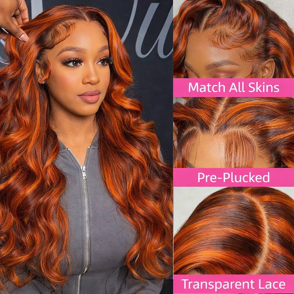 #4/350 Highlight Ombre Body Wave Lace Frontal Wig - 13x6 HD Lace Ginger Orange Brown Colored Human Hair Wig