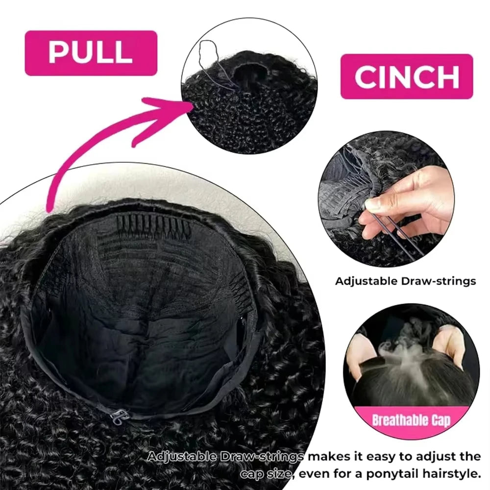Half Wig Glueless Burmese Pixi Curly 100% Human Remy Hair Seamless Flip Over Half Wig Full Machine Made Drawstring Headband Wig