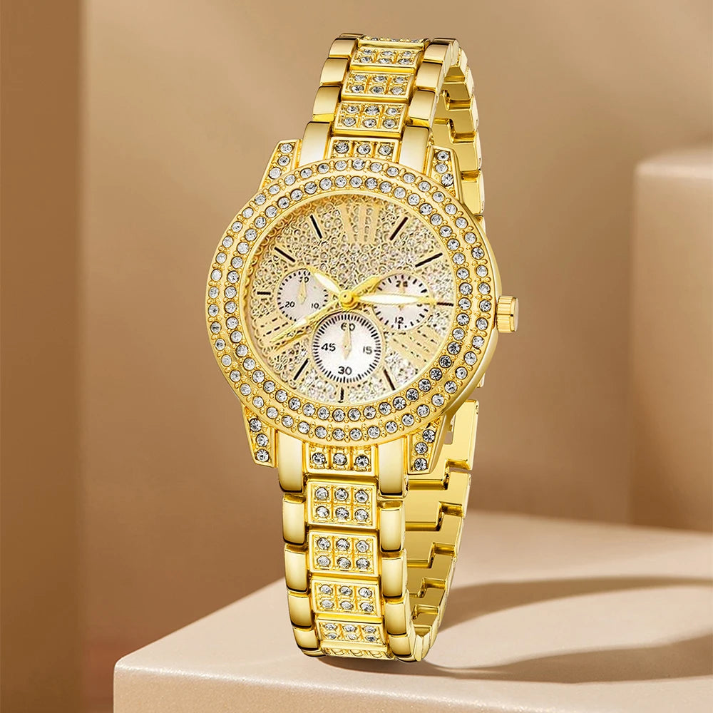 Luxury Women’s Gold Quartz Watch & Jewelry Set | Matching Necklace, Earrings & Ring