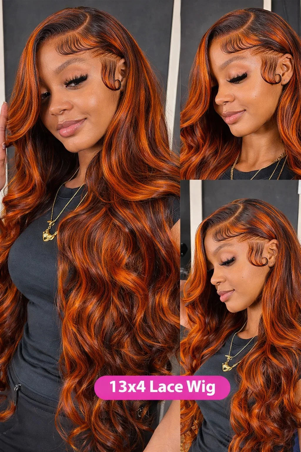 #4/350 Highlight Ombre Body Wave Lace Frontal Wig - 13x6 HD Lace Ginger Orange Brown Colored Human Hair Wig