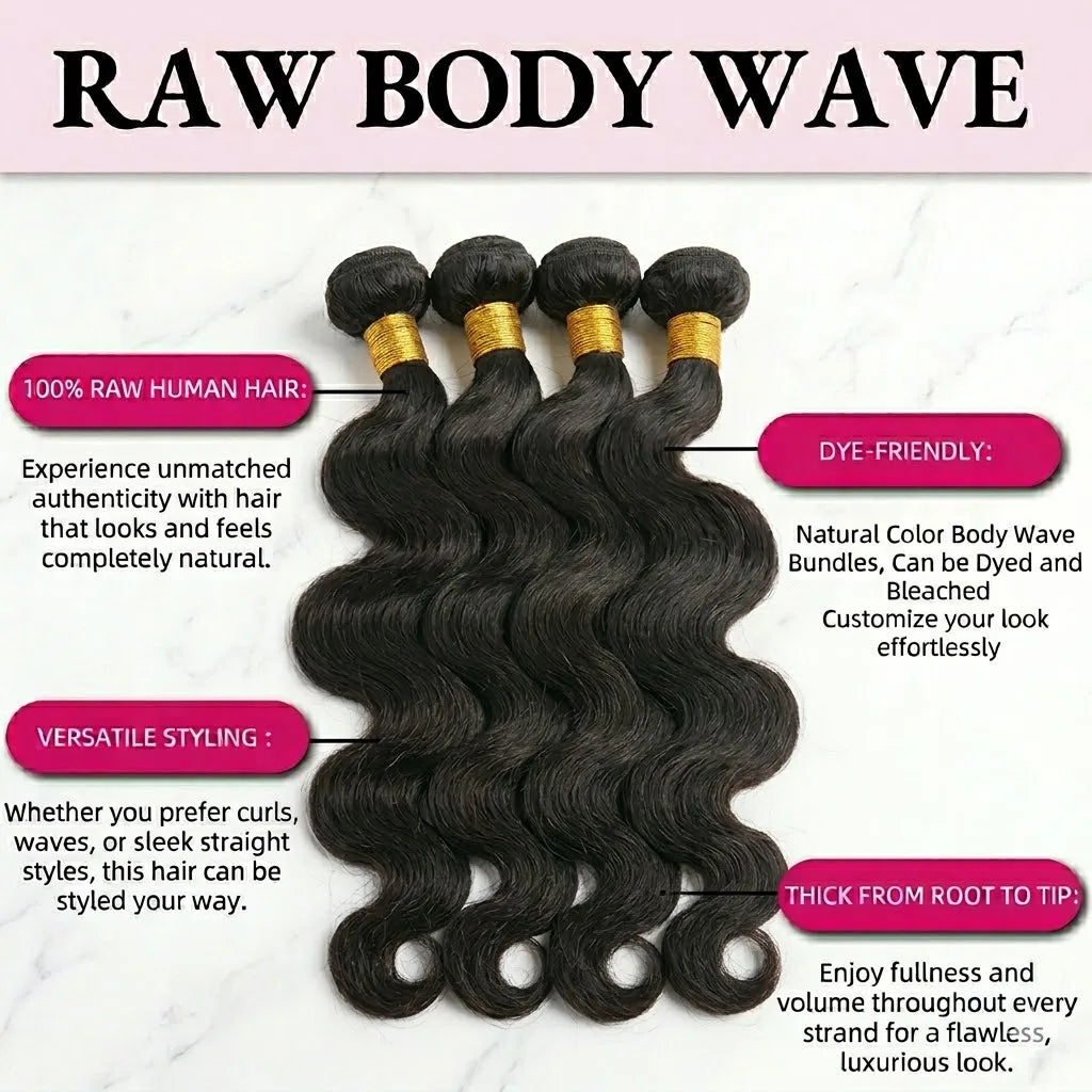 14A Body Wave Human Hair Bundles – Brazilian Natural Black Virgin Hair Weave Extensions (3–4 Bundles Set)