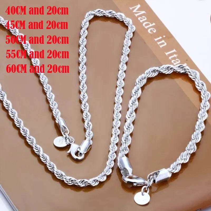 High-Quality Silver Twisted Rope Jewelry Set | 4mm Chain Necklace & Matching Bracelet