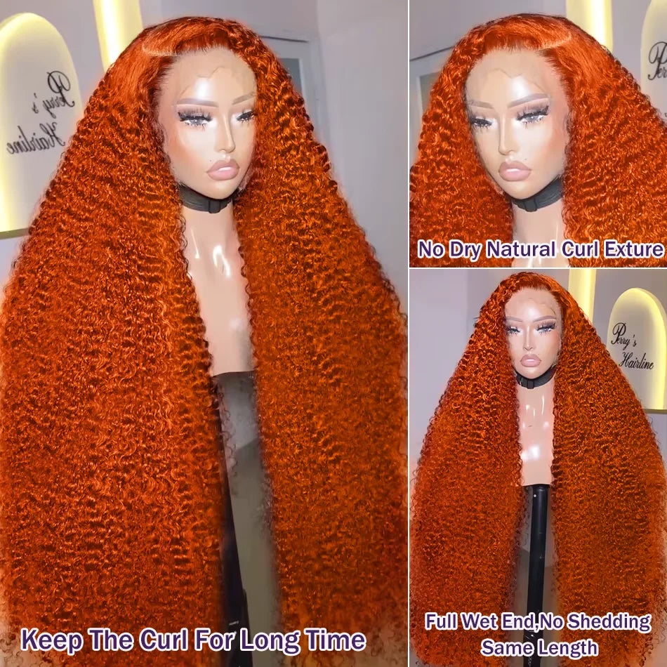 Ultra-Thick 260% Density Water Wave Ginger Orange HD Lace Wig - 34” Deep Curly Human Hair Frontal Wig - Undetectable 13x4 or 13x6 Lace