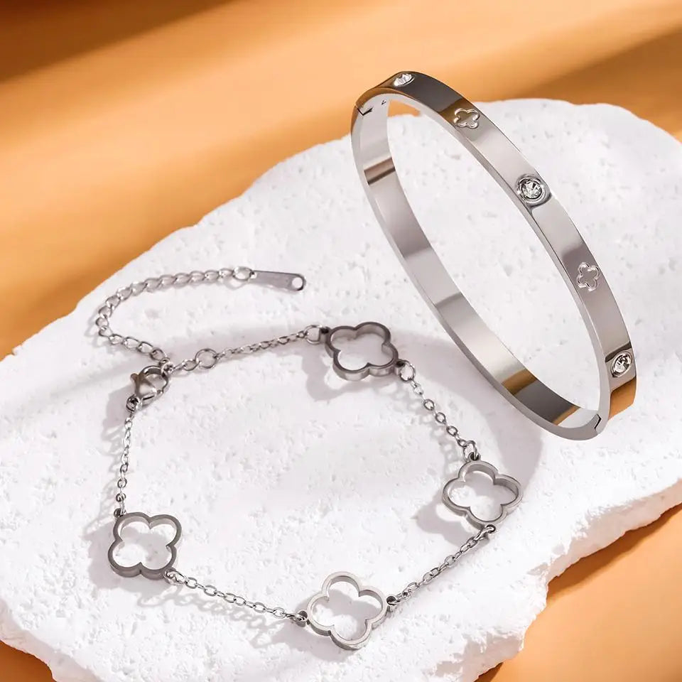 Lucky Clover & Heart Matching Bracelet Set - Stainless Steel Zircon Stack