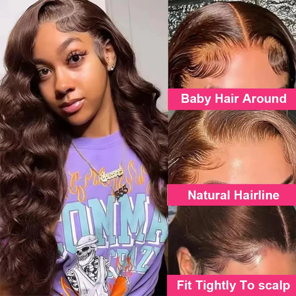 Wiglovie Chocolate Brown Body Wave HD Lace Frontal Wig - 30-40 Inch Brazilian Human Hair - 13x4 / 13x6 Pre-Plucked Hairline