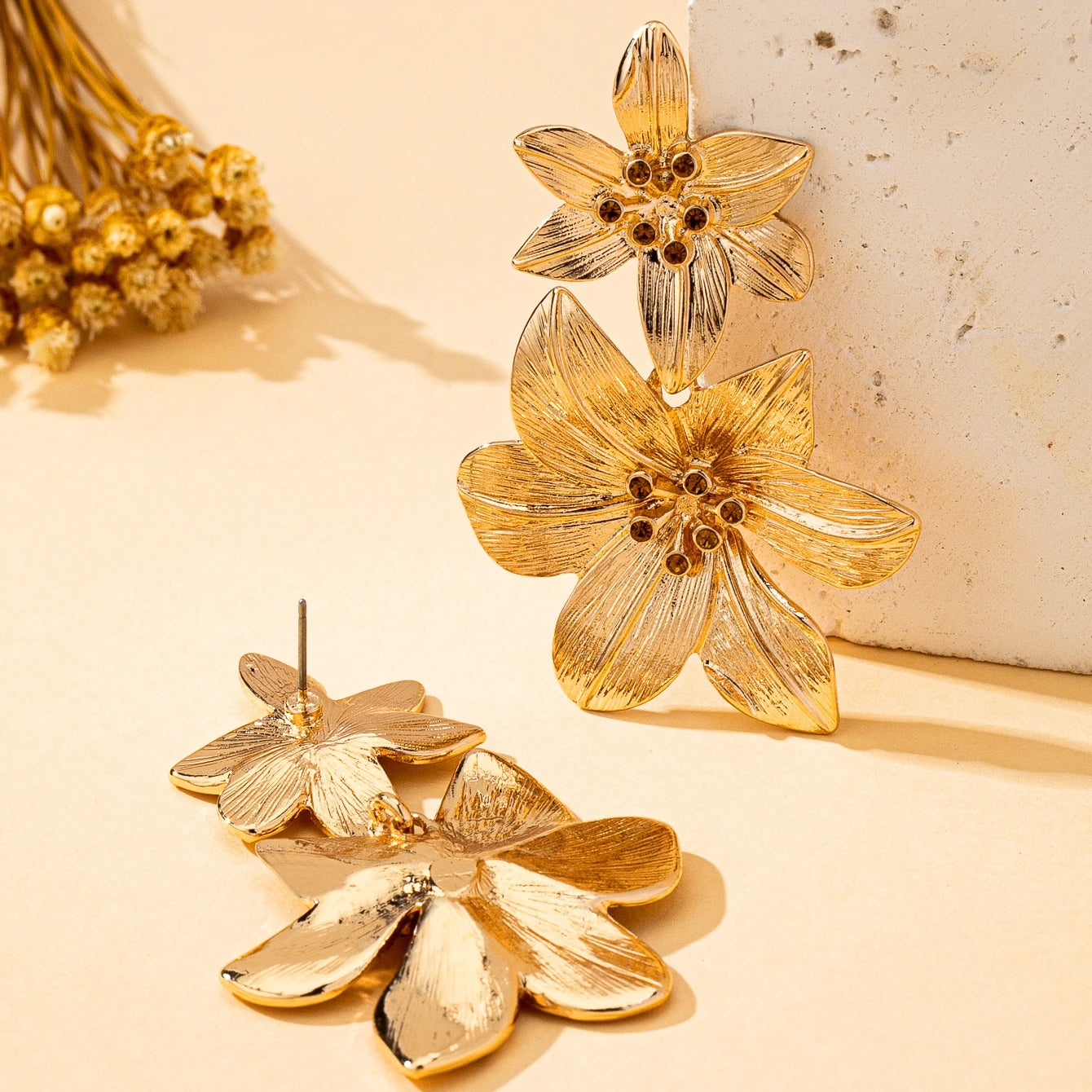 Floral Rhinestone Statement Dangle Earrings | Bold Alloy Flower Drop Jewelry