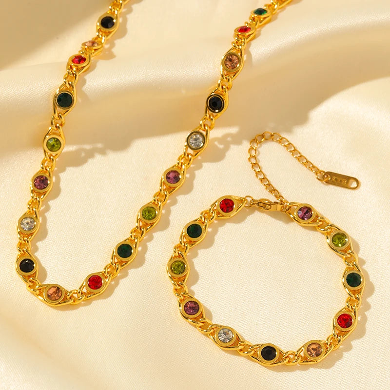 Elegant Stainless Steel Necklace & Bracelet Set with Colored Zircon