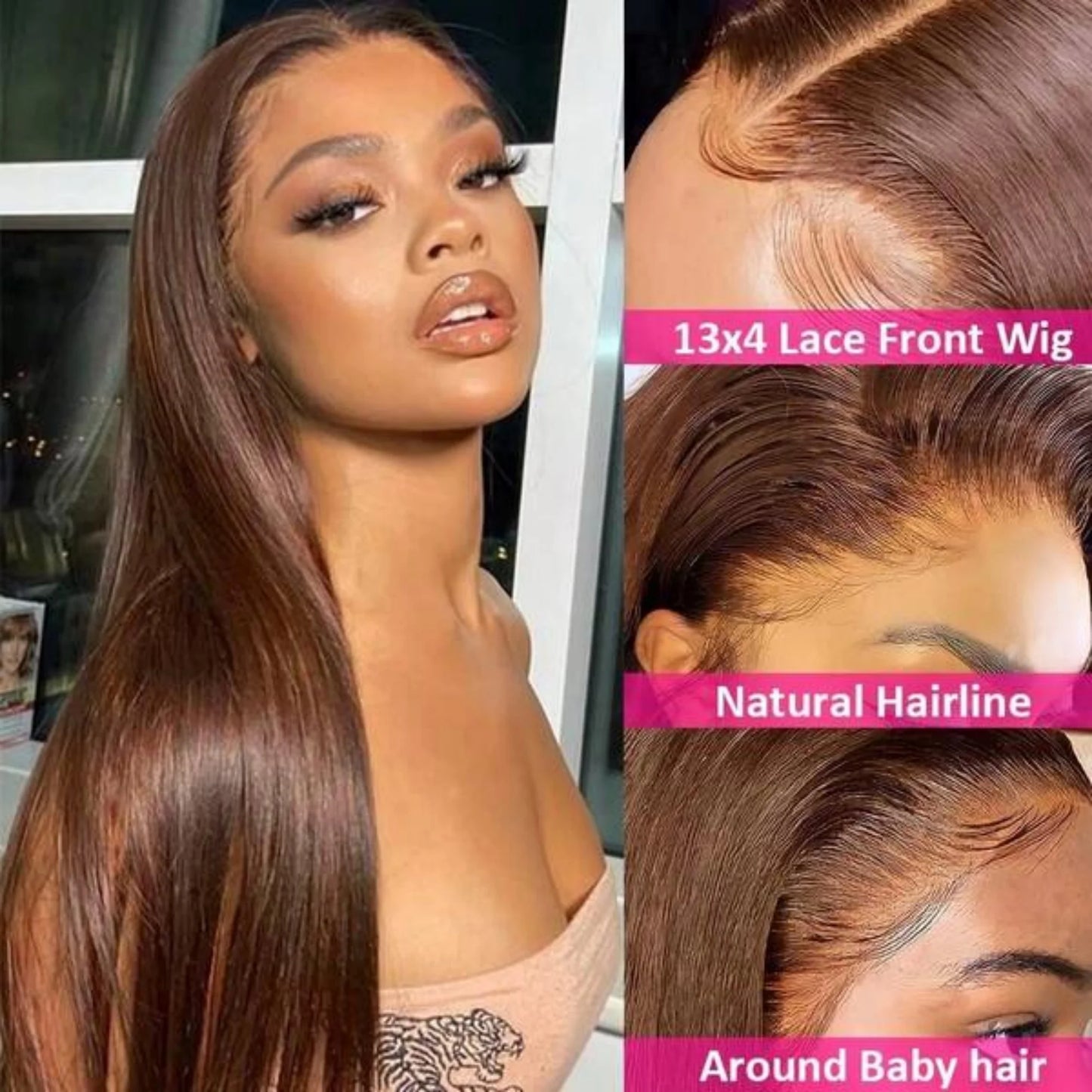 Chocolate Brown #4 HD Lace Front Wig: 34" Bone Straight Brazilian Human Hair - 13x4 Frontal