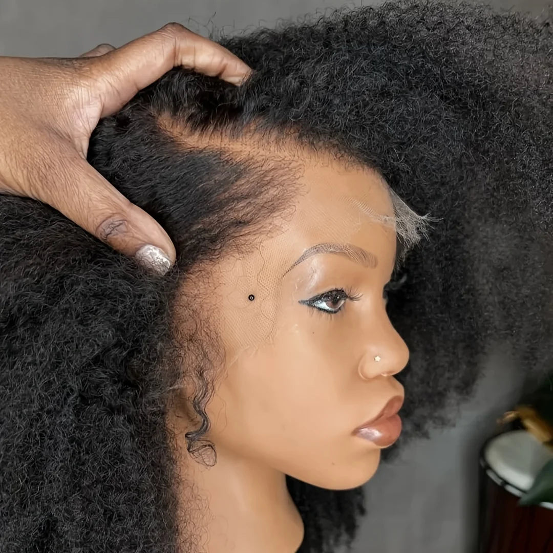 Natural Hairline Yaki Kinky Straight Wig - 26 inch Soft Black Synthetic Wig, 180% Density Pre-Plucked with Afro Baby Hair