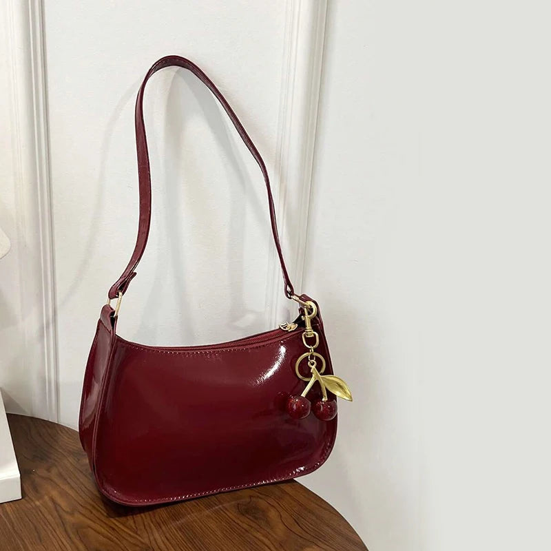 Minimalist PU Leather Underarm Bag with Cherry Detail