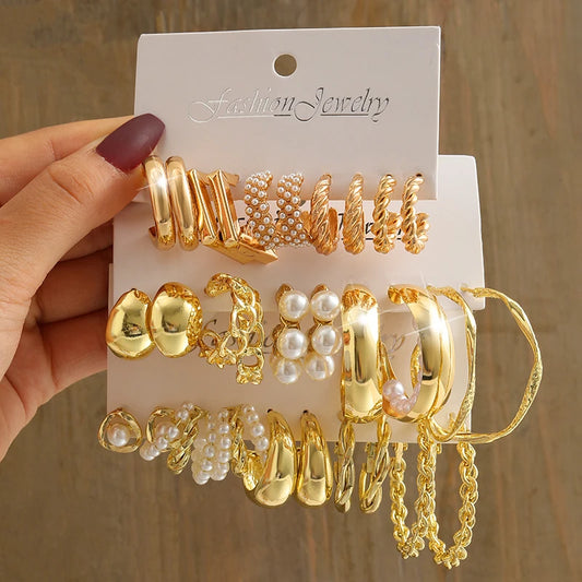 Vintage Gold Geometric & Pearl Earrings Set | Trendy Mixed Metal Dangle Earrings