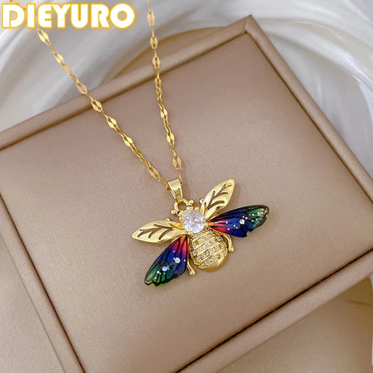 DIEYURO Colorful Zircon Bee Pendant Necklace –316L Stainless Steel