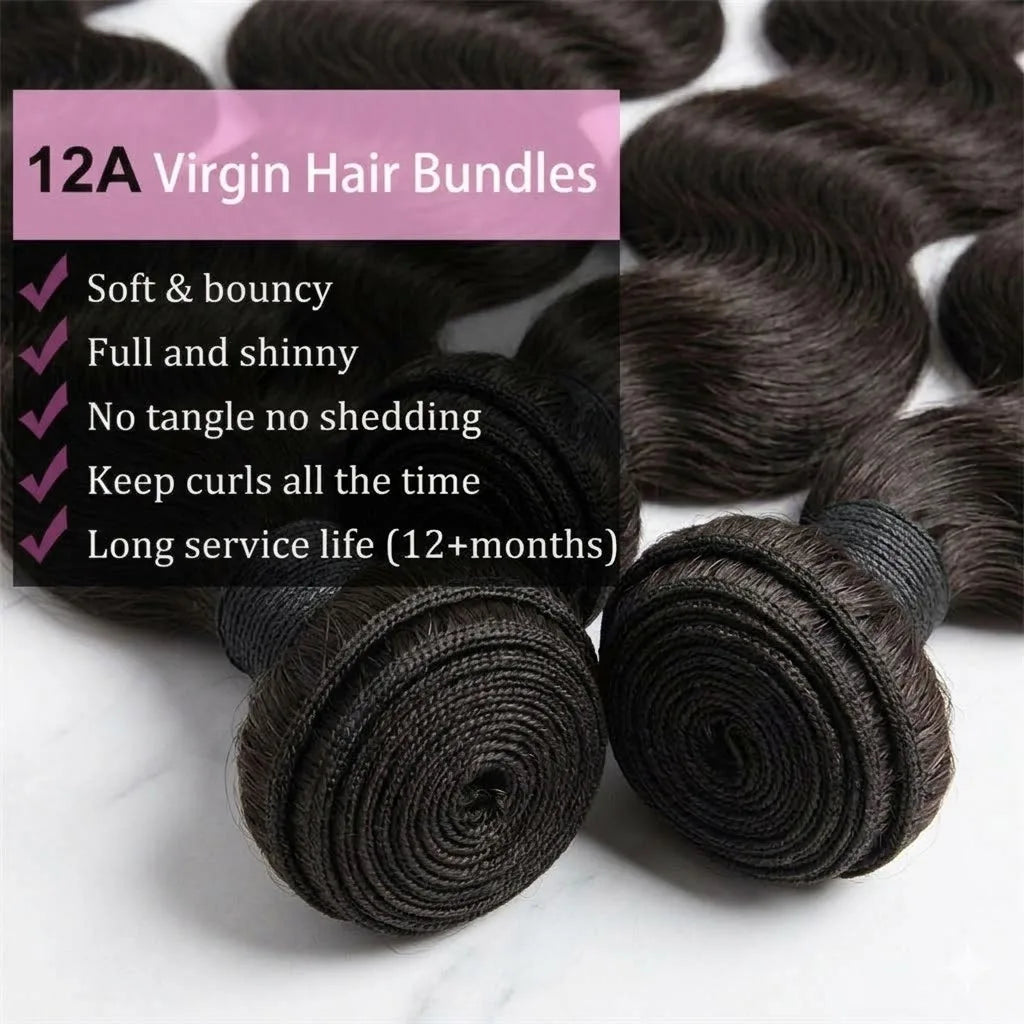 14A Body Wave Human Hair Bundles – Brazilian Natural Black Virgin Hair Weave Extensions (3–4 Bundles Set)