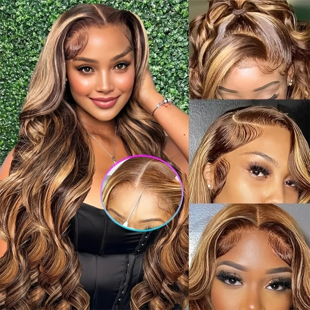 Glueless 4/27 Highlight Body Wave Human Hair Wig | 30-Inch Honey Blonde HD Frontal