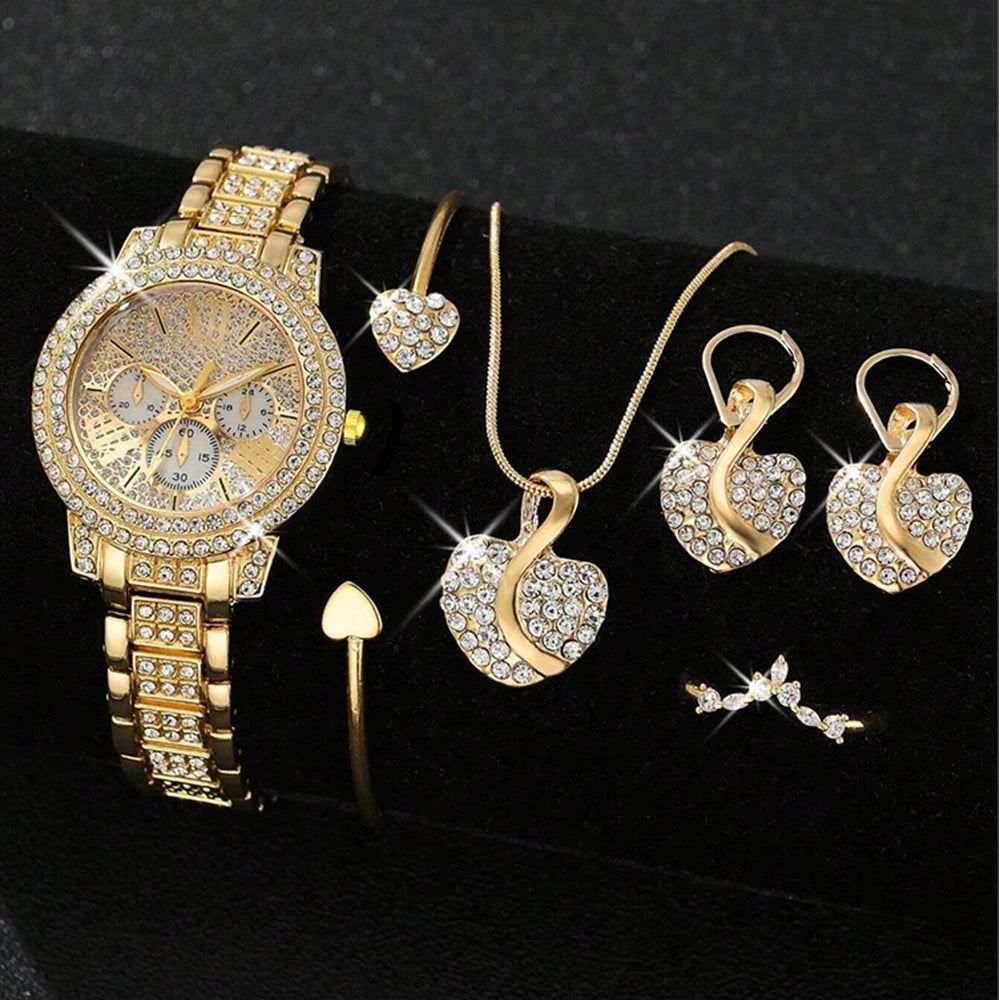 Luxury Women’s Gold Quartz Watch & Jewelry Set | Matching Necklace, Earrings & Ring
