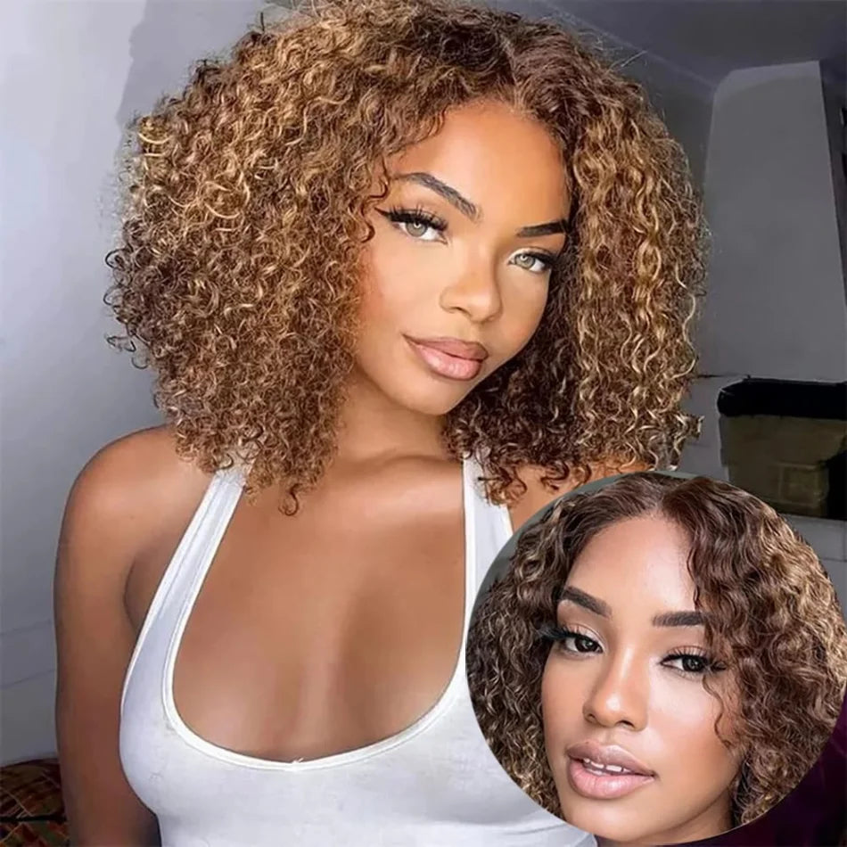 Glueless P427 Highlight Ombre Curly Bob: 5x5 HD Lace Closure Human Hair Wig