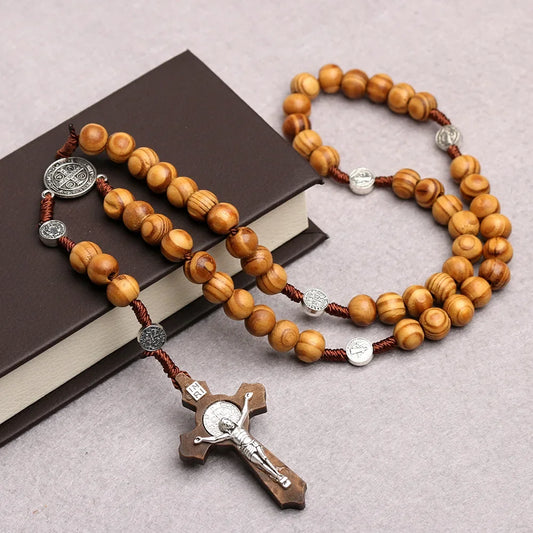 Traditional Wood Beaded Rosary Necklace with INRI Crucifix