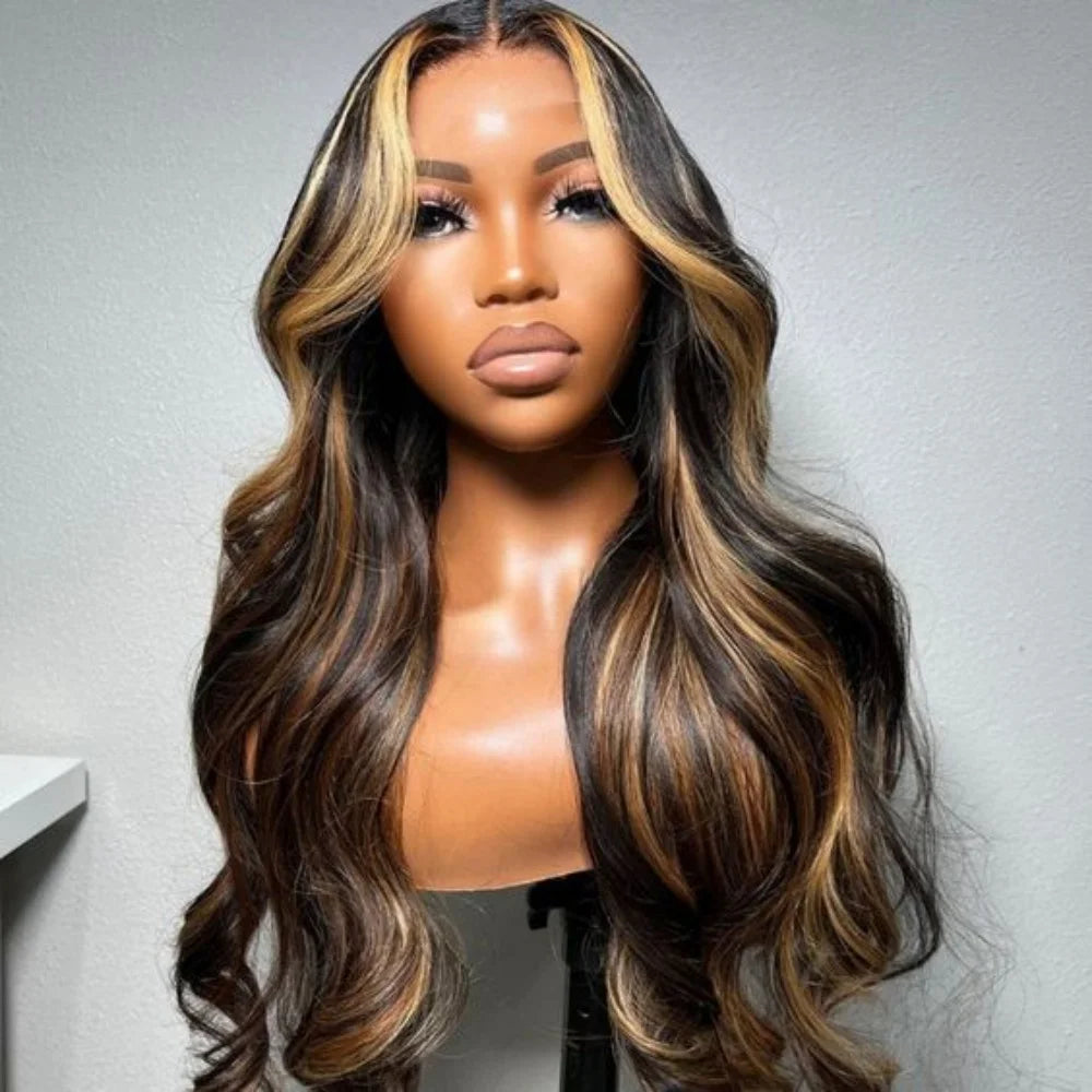 Red & Black Ombre Body Wave Synthetic Wig – 13x6 Lace Front with Blonde Highlights