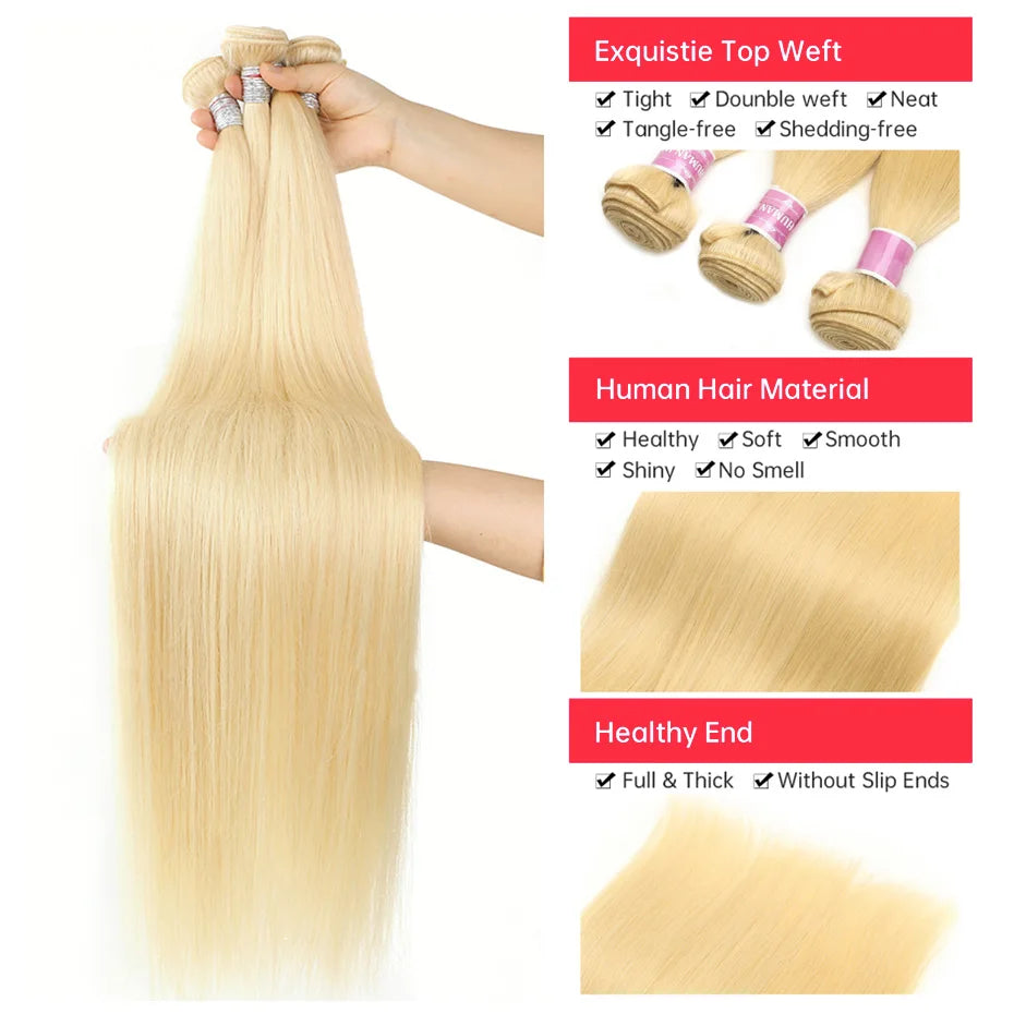 Brazilian 613 Blonde Straight Bundles (1/3/4 Bundle Deals) – 100% Remy Human Hair, 30-40 Inch lengths