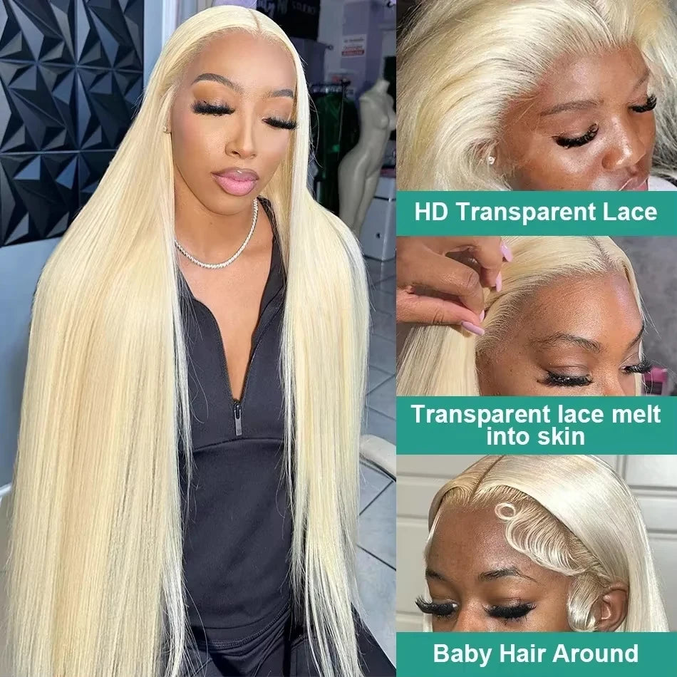 Ultra-Long 34" 613 Blonde Straight Human Hair Wig - HD Transparent 13x4/13x6 Full Frontal Lace - Pre-Plucked Bleached Knots