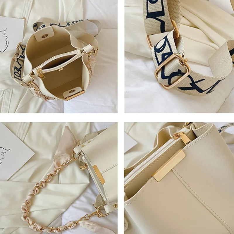 Large Capacity Bucket Shoulder Bag – Ribbon Chain Crossbody Bag for Daily Commuting