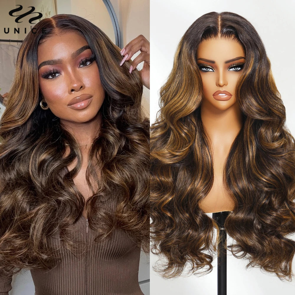 Balayage Highlight Loose Wave Human Hair Lace Frontal Wig with Curtain Bangs
