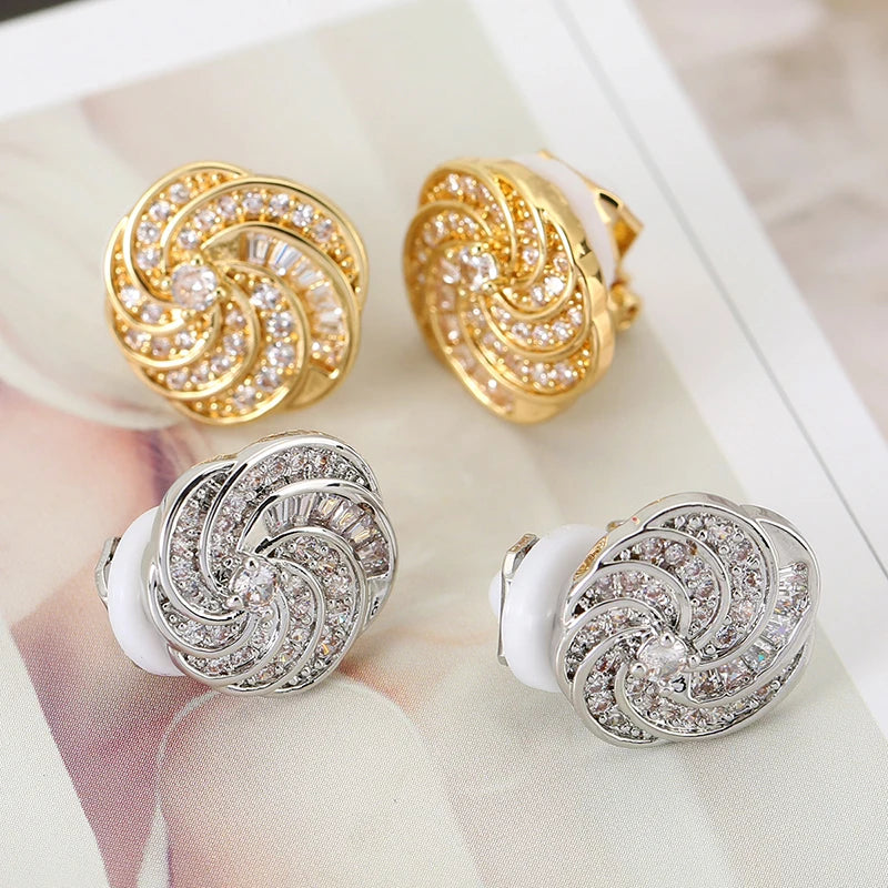 Gold Sunflower Zircon Clip-On Earrings for Women – Non-Piercing Rotating Floral Luxury Jewelry