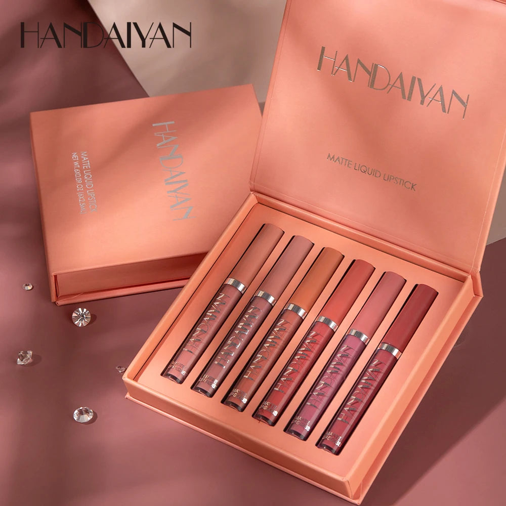HANDAIYAN 6-Piece Matte Liquid Lipstick Set – Long-Lasting & Waterproof Lip Gloss Gift Box