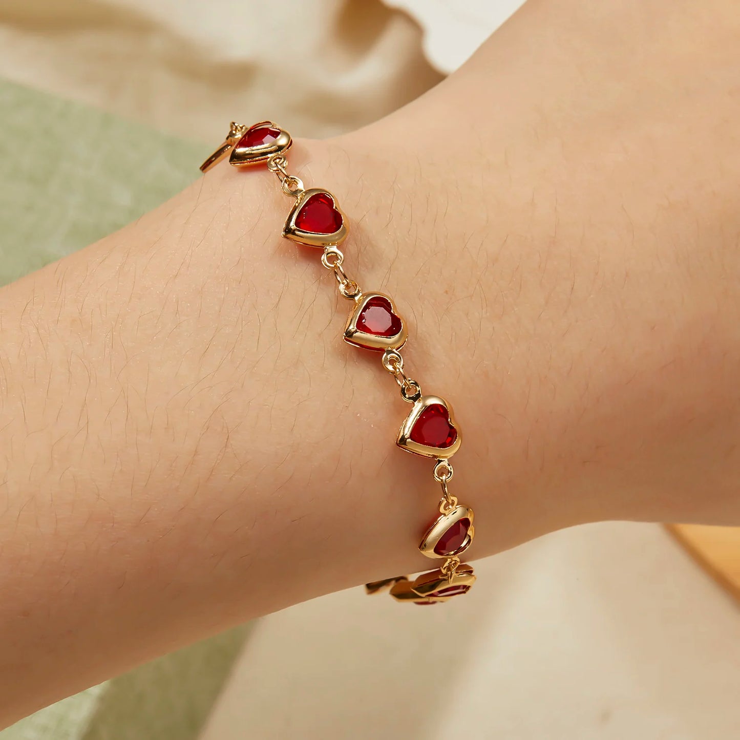 Elegant Ruby Red Crystal Heart Bracelet - Radiant Zircon Chain Jewelry