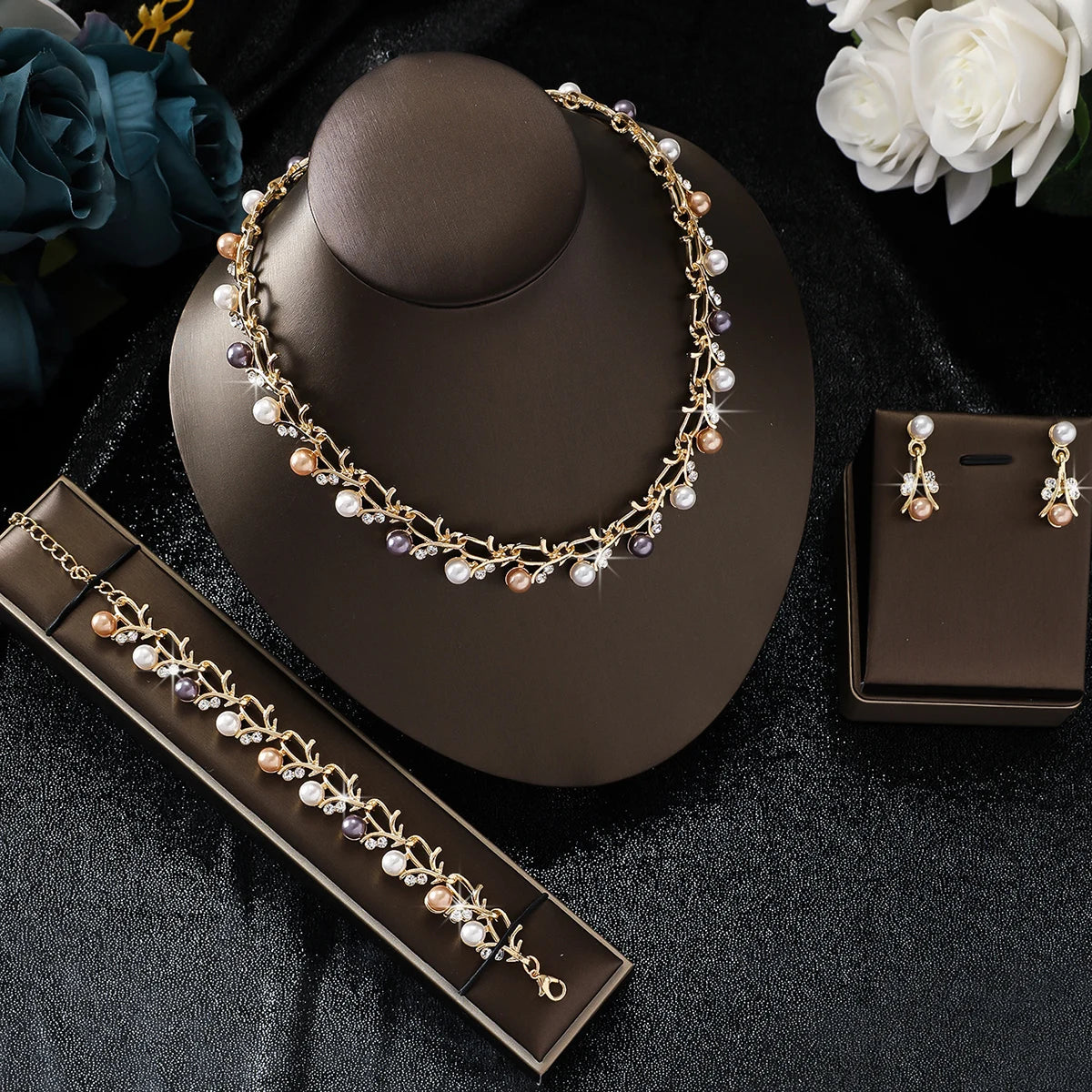 Elegance Pearl & Rhinestone Bridal Jewelry Set (4-Piece)