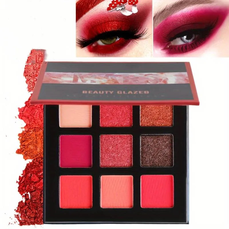 9-Color Red Tone Eyeshadow Palette - High-Pigmented Matte & Glitter Shimmer Powder