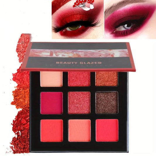 9-Color Red Tone Eyeshadow Palette - High-Pigmented Matte & Glitter Shimmer Powder