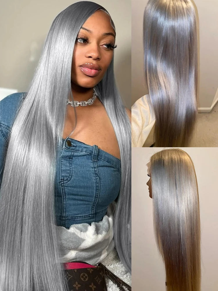 13x6 HD Lace Frontal Wig - 38-Inch Straight Silver Grey (220% Density) – 100% Vietnamese Human Hair