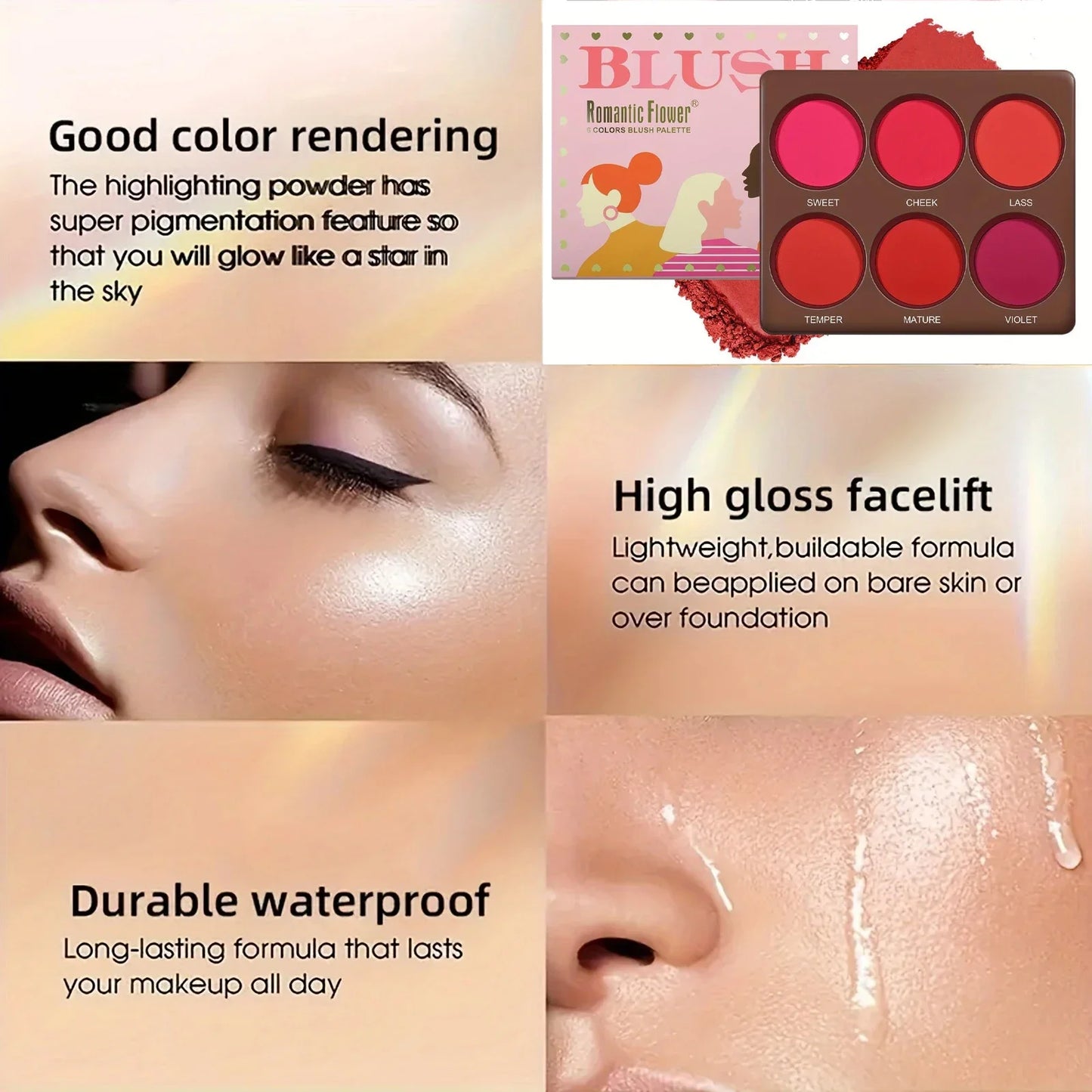 6-Color Matte Blush Palette - Waterproof & Long-Lasting Face Makeup - Natural Finish, Medium Buildable Coverage