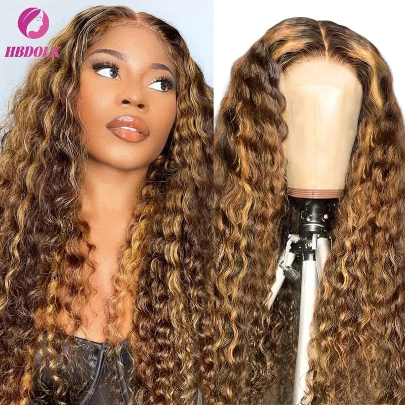 Deep Wave Glueless Lace Wig – 4/27 Honey Blonde Highlight 5x5 Human Hair